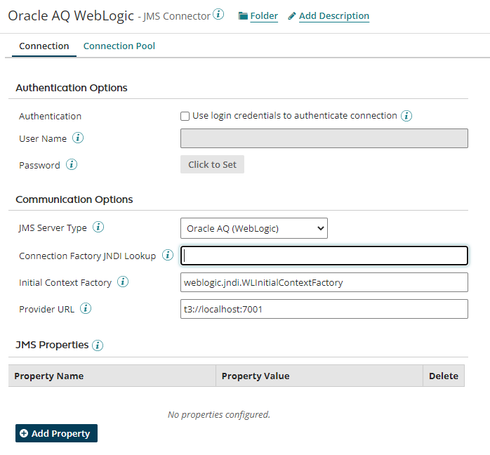 Oracle AQ WebLogic JMS Connection